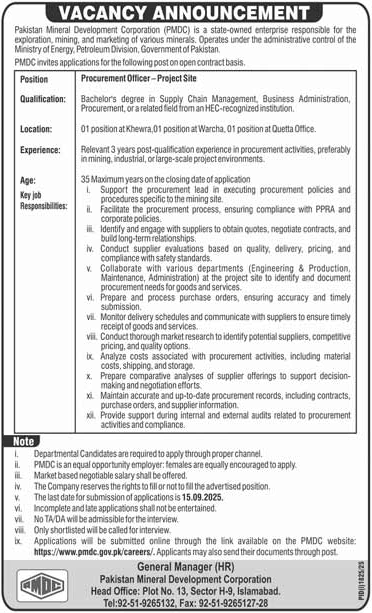 Jobs in Pakistan Mineral Development Corporation Islamabad